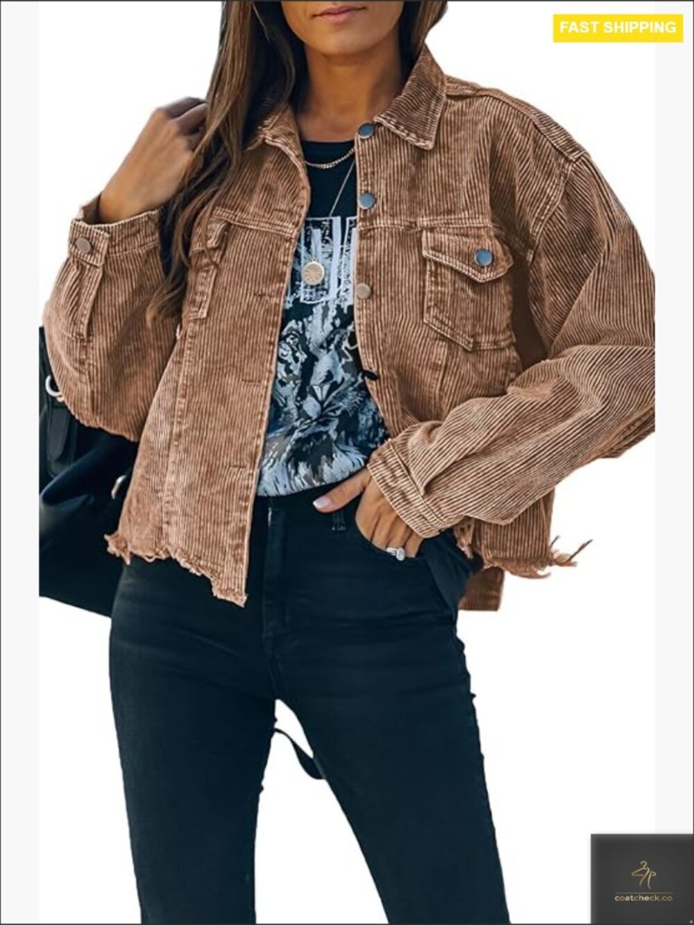 Cropped Corduroy Jacket Casual Button Down Shacket Coat Fringe Frayed Hem
